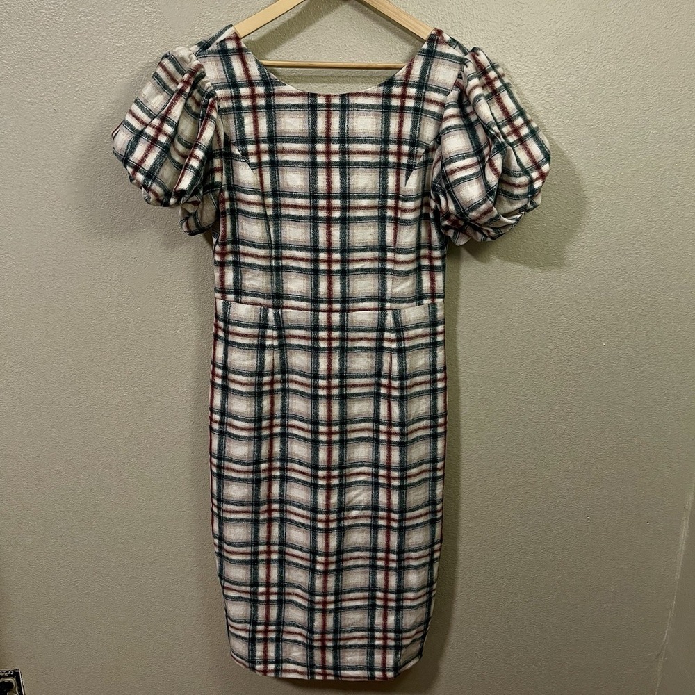 Ivy City Co Molly Plaid Pencil Dress Midi Puff Sleeves Preppy Academia Sz L